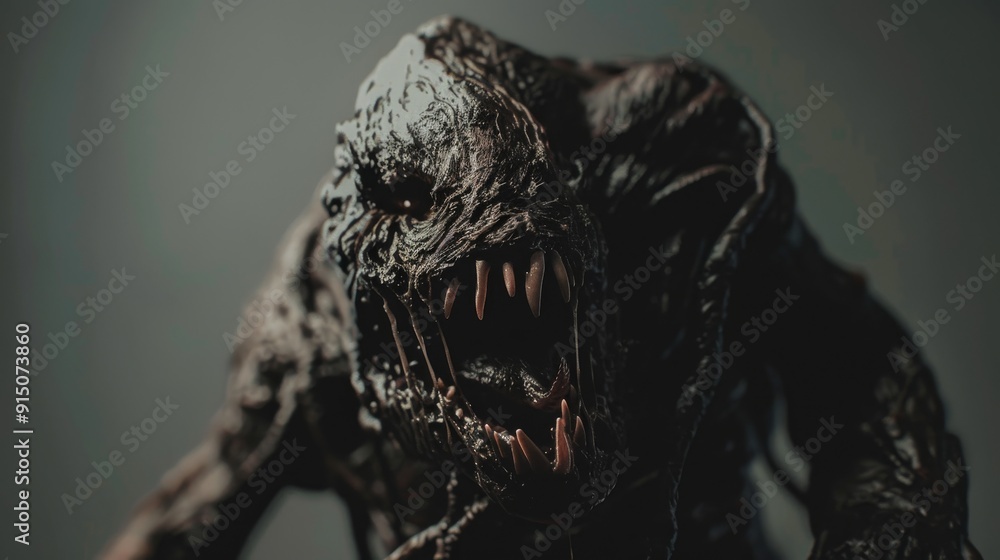 A menacing creature with sharp teeth and a dark, glossy surface, resembling a horror film monster in a dimly lit setting. A menacing creature with sharp teeth and a dark, glossy surface, resembling a horror film monster in a dimly lit setting.