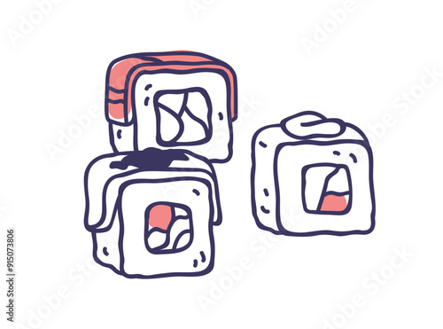 Japan rolls, uramaki sushi set. Asian Japanese food, cuisine. Susi with rice, salmon fish and nori, line-art drawing. Outlined contoured flat graphic vector illustration isolated on white background