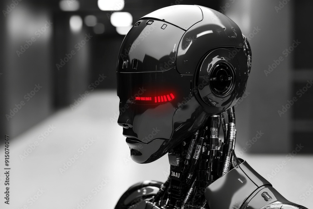 Dark Robotic Head with a Glossy Finish Reflecting a Red Light Emphasizing the Aesthetic and Functional Aspects of Robotics. Dark Robotic Head with a Glossy Finish Reflecting a Red Light Emphasizing the Aesthetic and Functional Aspects of Robotics.