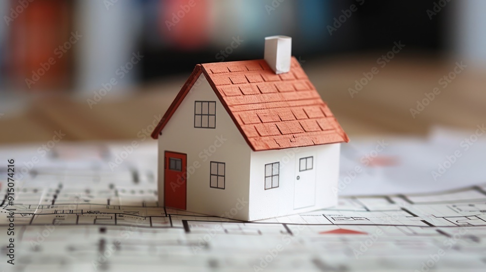 A small model house with a red roof is placed intricately on architectural blueprints, symbolizing home planning, real estate development, and architectural design concepts. A small model house with a red roof is placed intricately on architectural blueprints, symbolizing home planning, real estate development, and architectural design concepts.