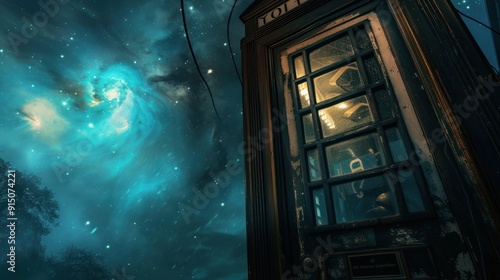 Night sky and a mysterious vintage phone booth.