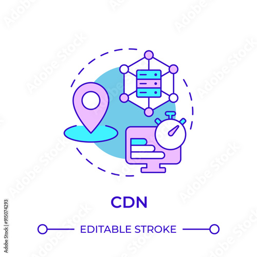 CDN multi color concept icon. Content delivery network. Dedicated servers, technology infrastructure. Round shape line illustration. Abstract idea. Graphic design. Easy to use in infographic