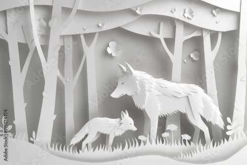 Paper Cut Art of Wolf and Pup in Forest - Nature Wildlife Scene for Posters, Cards, and Interior Décor