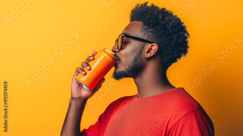 Side profile of African American man drinking fresh, cold drink, tasty beverage, soda carbonated liquid from blank metal or tin can with mockup isolated on background with empty copy space refreshment