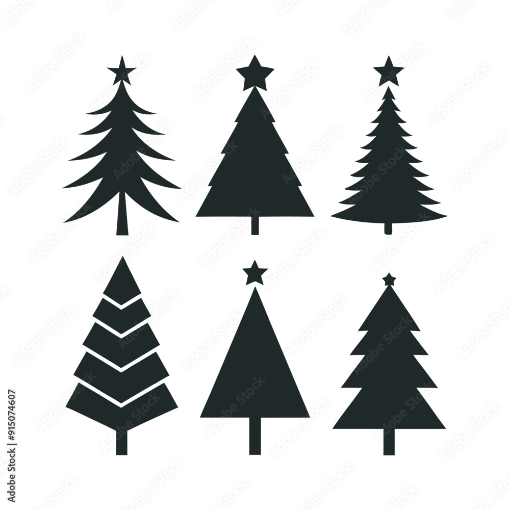 Fototapeta premium Christmas Tree Silhouette Set Festive Tree Icons for Holiday Designs, Black and White Christmas Tree Silhouettes 