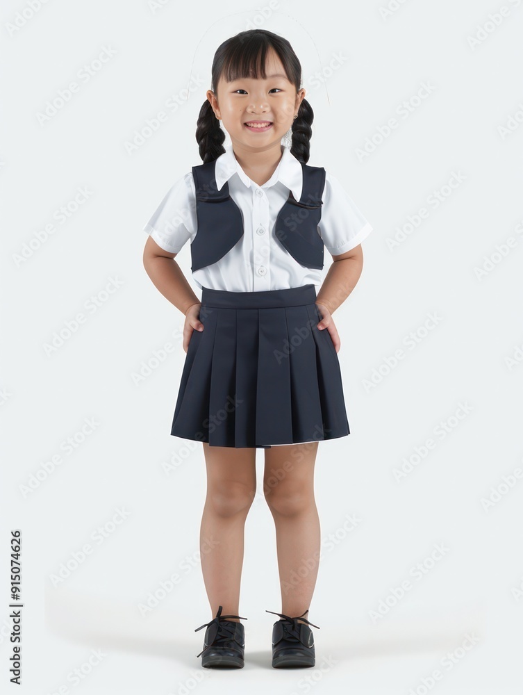A little Asian girl, smiling, forehead, wearing a school uniform with a happy expression. hands on hips The background of the ID photo is white. A little Asian girl, smiling, forehead, wearing a school uniform with a happy expression. hands on hips The background of the ID photo is white.