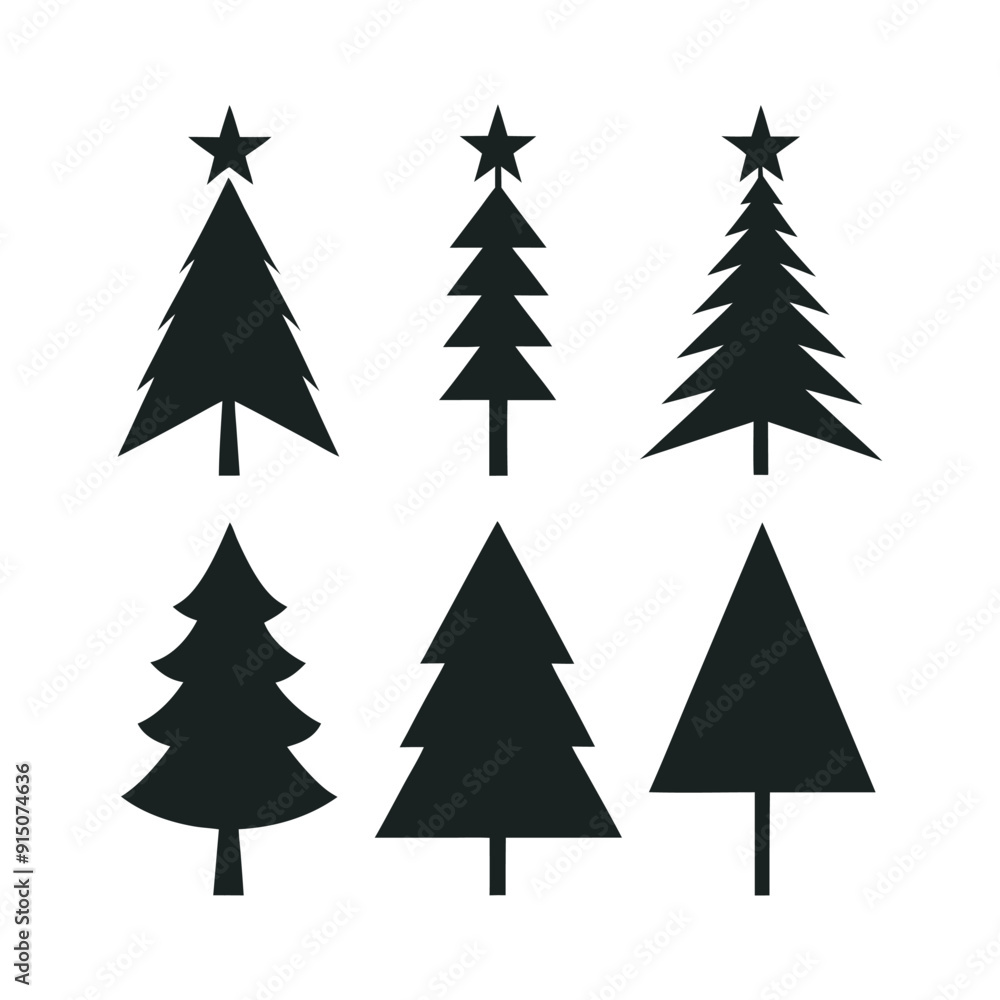 Fototapeta premium Christmas Tree Silhouette Set Festive Tree Icons for Holiday Designs, Black and White Christmas Tree Silhouettes 