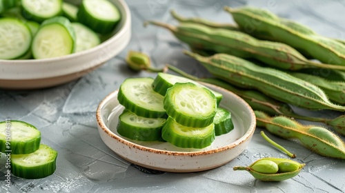 view of lady finger with slices in small white plate and whole pods photo