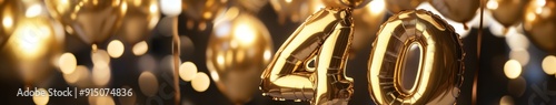 Festive Celebration Highlighted by Gold Foil Balloons Forming the Number 40, Set Against a Blurred Holiday Background
