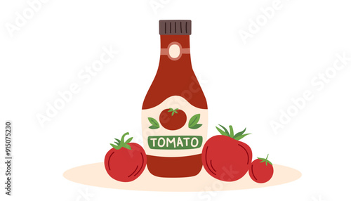 Ketchup bottle with tomatoes isolated on white background. 