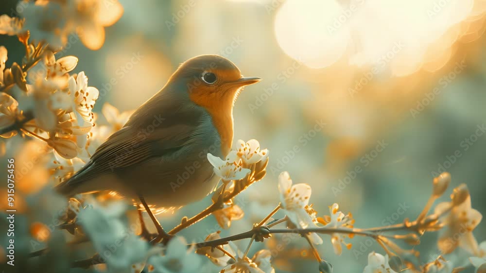 Small bird robin with orange feathers sits on branch of flowering tree. Sun shines brightly through branches, casting golden glow on bird and delicate white blossoms. Small bird robin with orange feathers sits on branch of flowering tree. Sun shines brightly through branches, casting golden glow on bird and delicate white blossoms.