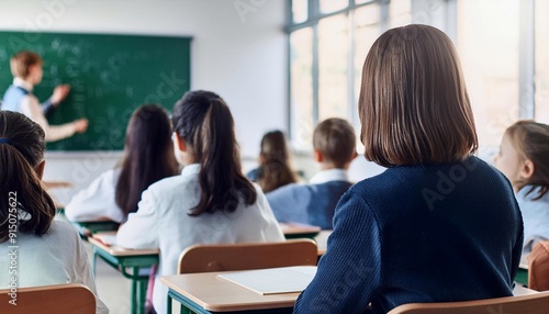 Pupils in a school room on the background of a school blackboard, rear view