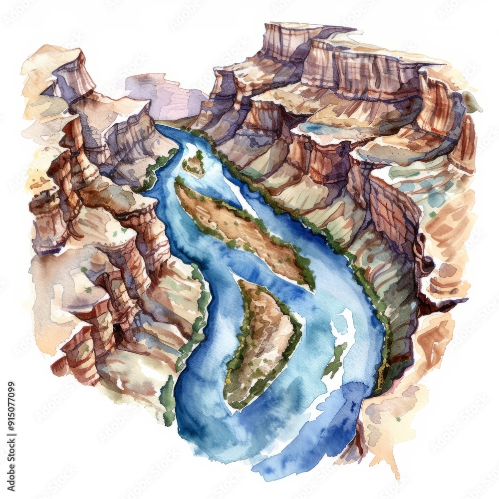Watercolor painting of a winding river through a canyon, on isolated white background Watercolor painting of a winding river through a canyon, on isolated white background