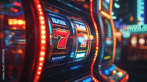 Detailed Close-Up of a Bright Casino Slot Machine Displaying a Win