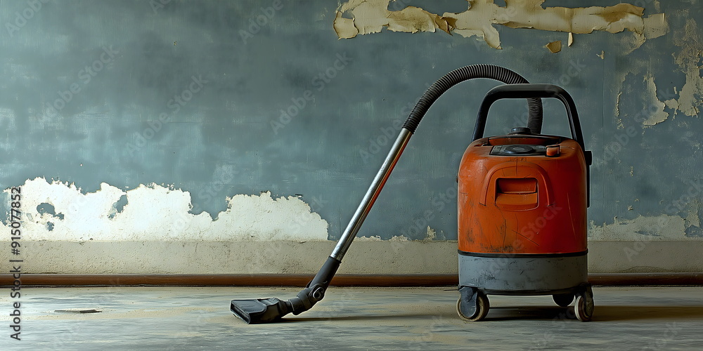 Fototapeta premium Vintage vacuum cleaner in dilapidated room highlighting need for thorough cleaning and renovation