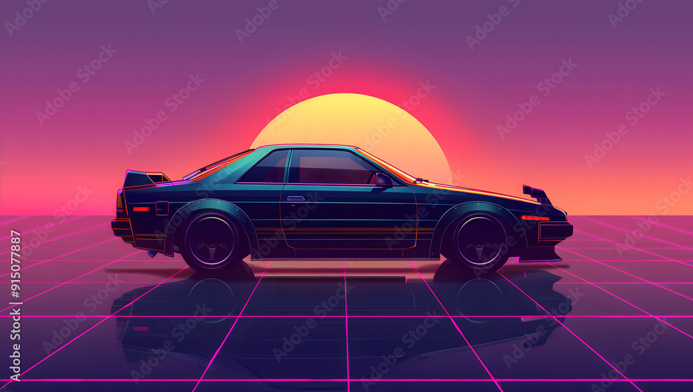 Retro synth-wave car against a sunset backdrop. synth-wave car. Illustrations design Retro synth-wave car against a sunset backdrop. synth-wave car. Illustrations design