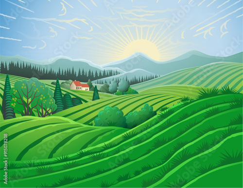 Rolling hills, fields and farm or vineyards background illustration. Forests and mountains in the background.
