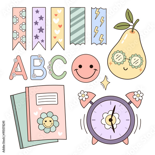 Back to school clipart. Retro school clipart. Groovy school planner stickers. School supplies clip art. Education clipart. Hand drawn vector illustration.