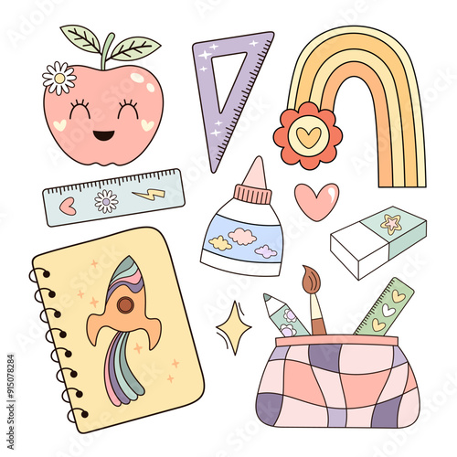 Back to school clipart. Retro school clipart. Groovy school planner stickers. School supplies clip art. Education clipart. Hand drawn vector illustration.