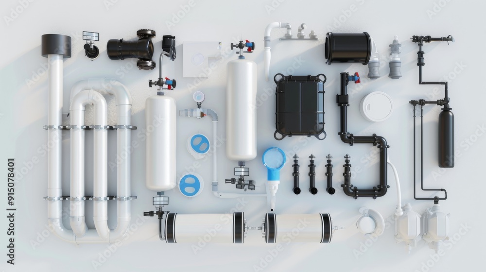 Top-down view of an array of interconnected industrial water purification components arranged neatly against a white background. Top-down view of an array of interconnected industrial water purification components arranged neatly against a white background.
