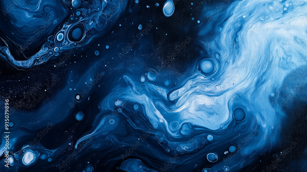 Abstract navy blue and white fluid art with swirling patterns and bubble-like forms Abstract navy blue and white fluid art with swirling patterns and bubble-like forms