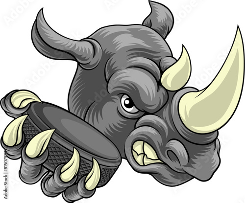 A rhino or rhinoceros ice hockey tough cartoon sports mascot