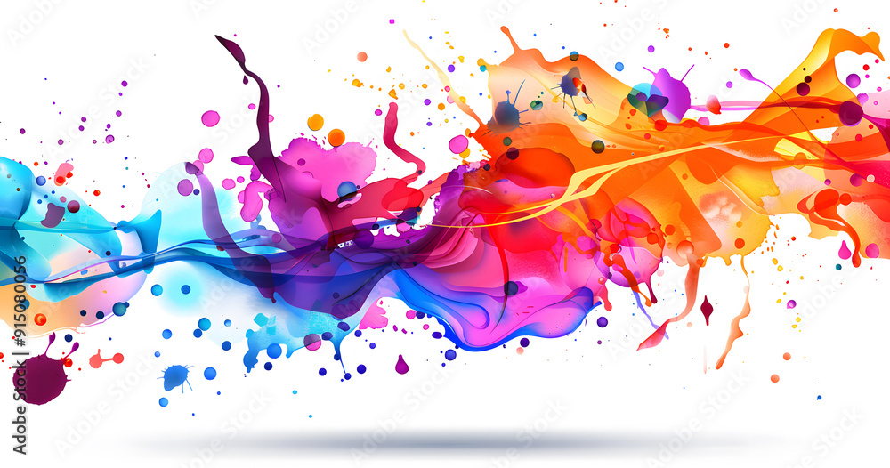 Naklejka premium An energetic and vibrant abstract composition of colorful paint splashes in mid-motion. The swirling mixture of blue, orange, purple, pink, and yellow hues creates a dynamic and visually striking 