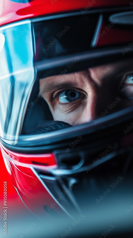 Extreme close-up portrait of a focused race car driver in helmet Extreme close-up portrait of a focused race car driver in helmet