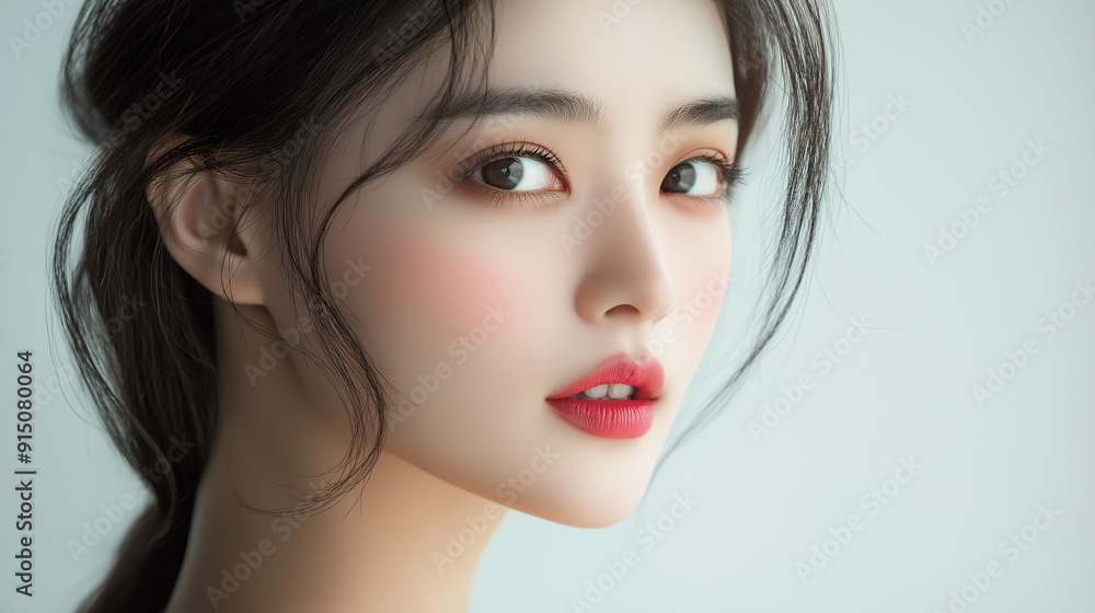 Close-up portrait of a korean woman with soft features and natural makeup, captured indoors during daylight Close-up portrait of a korean woman with soft features and natural makeup, captured indoors during daylight