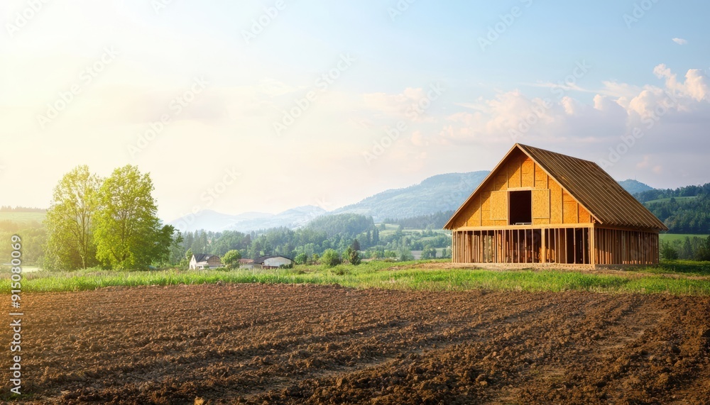 Wooden frame house under construction in a rural field at sunset. Wooden frame house under construction in a rural field at sunset.