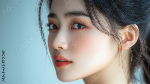 A close-up portrait of a young korean woman with soft features and natural makeup, highlighting her serene expression against a light blue background