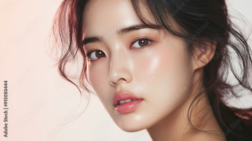 Young korean woman with flawless skin poses gracefully against a soft background in natural light Young korean woman with flawless skin poses gracefully against a soft background in natural light