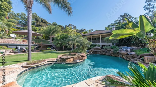 A stunning backyard featuring a luxurious pool surrounded by palm trees, lush greenery, and a spacious patio. Ideal for relaxation and outdoor entertainment.