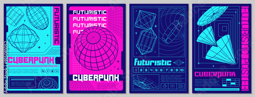 Grid space element. Futuristic Sci-Fi poster. Cyberpunk planet. Retro HUD design. Wireframe geometric shapes. Cyber punk frame. Line sphere or cone. Mesh abstract figures. Vector synthwave banners set