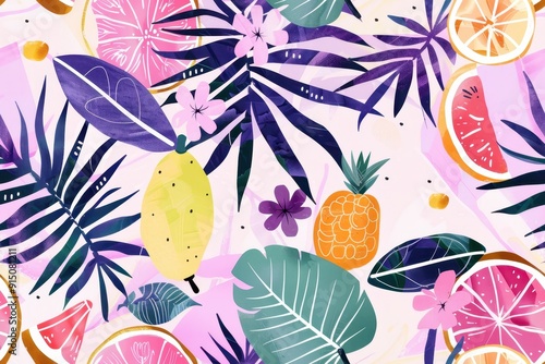 Tropical Fruits and Leaves Illustration