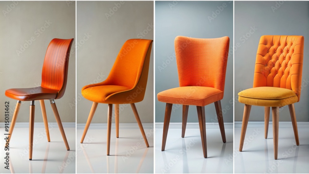Obraz premium A Collage of Four Orange Chairs A Modern Take on Classic Design with Wooden Legs and Different Upholstery - Orange Chair, Modern Furniture, Dining Chair, Interior Design