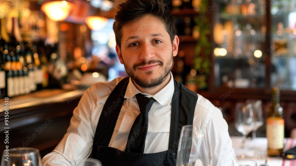 A friendly waiter with a black apron and tie stands smiling at a cozy restaurant bar with bottles on the shelves and warm lighting in the background. A friendly waiter with a black apron and tie stands smiling at a cozy restaurant bar with bottles on the shelves and warm lighting in the background.