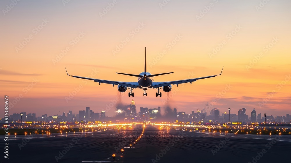 A sleek modern airplane taking off from a bustling airport runway, city skyline in the background, twilight with vibrant sky colors A sleek modern airplane taking off from a bustling airport runway, city skyline in the background, twilight with vibrant sky colors