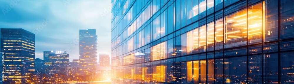 Modern glass building cityscape sunset reflection Modern glass building cityscape sunset reflection