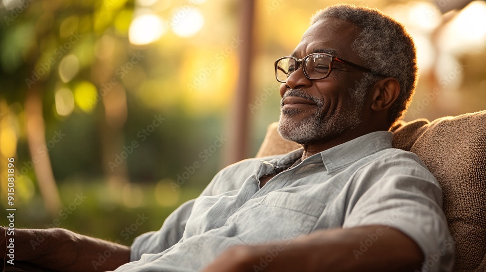 Obraz premium A black elder sitting in a cozy chair with a thoughtful gaze reflecting on a lifetime of memories and knowledge Stock Photo with copy space