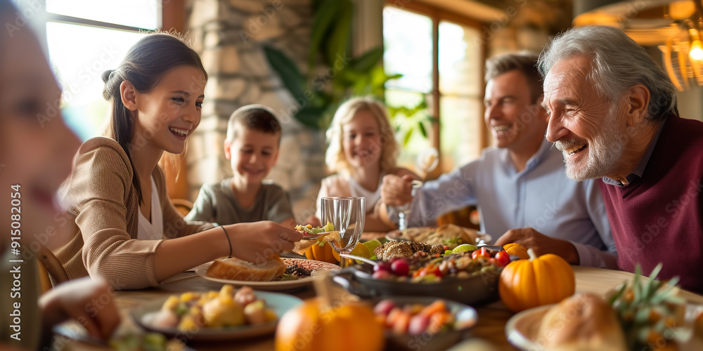 Family Gathering Around A Festive Table Filled With Food. Family Gathering Around A Festive Table Filled With Food.