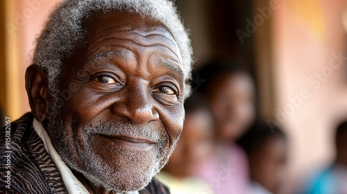 A black elder surrounded by younger generations symbolizing the transmission of wisdom and experience through the years Stock Photo with copy space