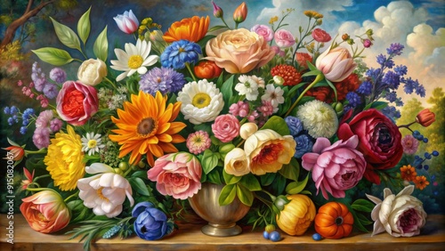 A Still Life of Vibrant Blooms in a Silver Vase Oil on Canvas, Featuring Roses, Peonies, and Sunflowers, Capturing the Essence of Summer