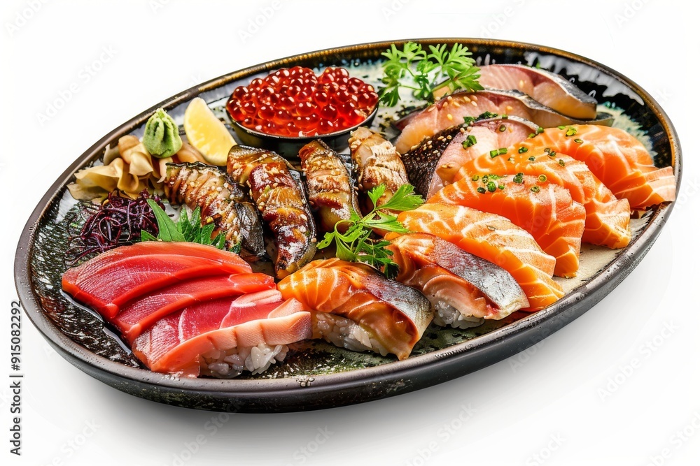 Raw fish set, salmon platter, grilled eel, balyk, red caviar, fish slices on restaurant plate isolated Raw fish set, salmon platter, grilled eel, balyk, red caviar, fish slices on restaurant plate isolated