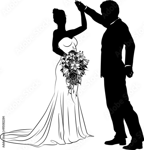 Bride and groom couple silhouettes. Woman in a bridal wedding dress