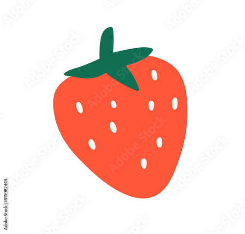 Strawberry, fresh red fruit icon. Sweet ripe berry with seeds, green leaf. Healthy summer food. Organic natural vitamin. Flat graphic vector illustration isolated on white background
