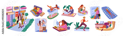 Woman lifestyle. Girls work and leisure. Daily activities. Female eating lunch and running in park. Home life. Morning sleep in bedroom. People relax and do shopping. Vector cartoon exact scenes set