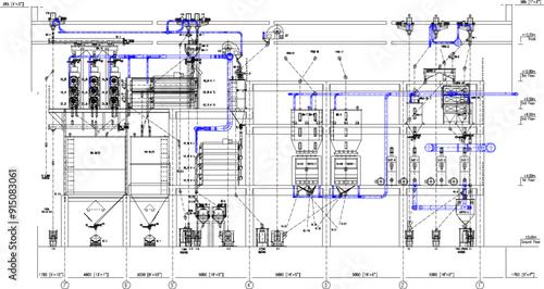 Vector illustration silhouette sketch of detailed design of small scale industrial factory building construction with production equipment