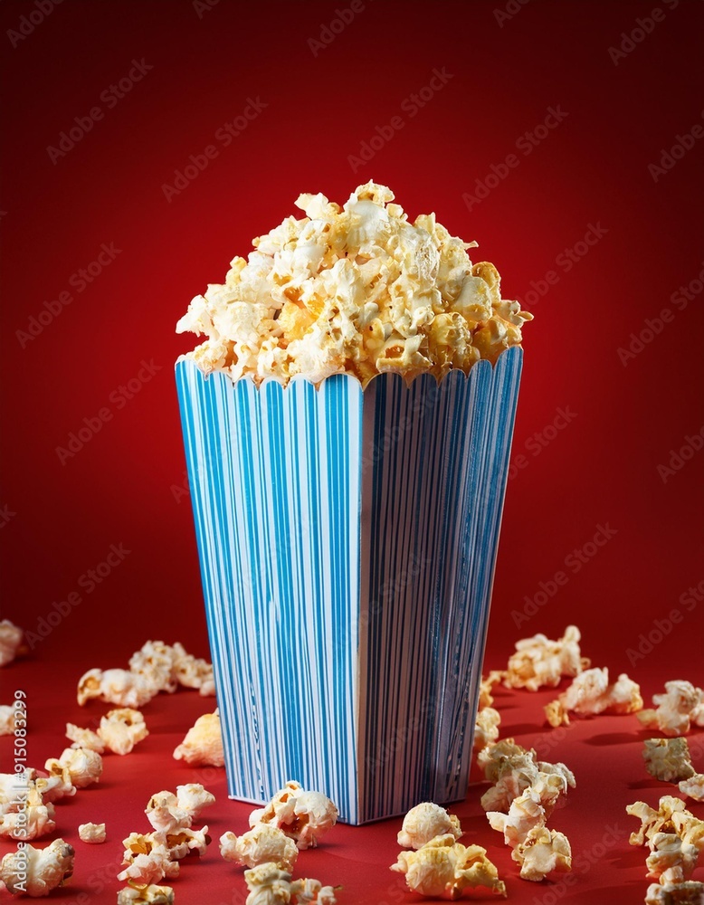 popcorn in a blue striped box on a red background popcorn in a blue striped box on a red background