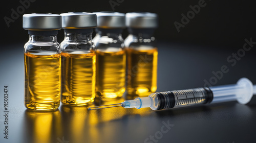 Medical Vials Filled with Testosterone, Trenbolone, Nandrolone Steroids and Syringe photo